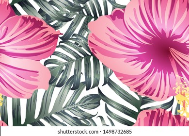 Green red exotic pattern. Monstera leaves and hibiscus flowers in summer print.  Saturated large floral swimwear print. Horizontal romantic wild vector exotic tile. Bonny spring botanical design.