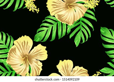 Green red exotic pattern. Monstera and hibiscus flowers tropical bouquet.  Hawaiian t-shirt and swimwear tile.  Horizontal romantic wild vector exotic tile. Bonny spring botanical design.