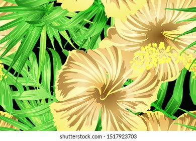 Green red exotic pattern. Monstera and hibiscus flowers tropical bouquet.  Hawaiian t-shirt and swimwear tile.  Horizontal romantic wild vector exotic tile. Bonny spring botanical design.