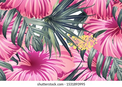 Green red exotic pattern. Monstera leaves and hibiscus flowers in summer print.  Saturated large floral swimwear print. Horizontal california natural texture design. Bonny spring botanical design.