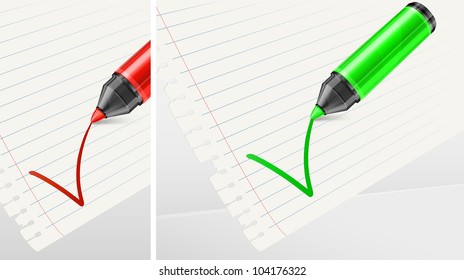Green and red felt tip pen with check mark on white paper, vector illustration