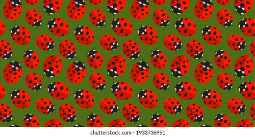 Green And Red Flat Spring Or Summer Seamless Pattern Background With Ladybugs Textile Vector Illustration Art