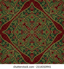 Fondo floral verde y rojo. Patrón de cosecha oriental. Plantilla para textiles, cojines, alfombras, tapicería, alfombras.