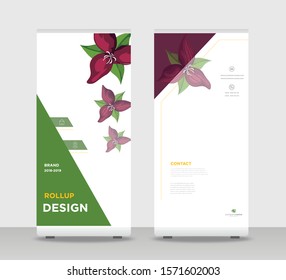Green red flower Abstract Shapes Modern Exhibition Advertising Trend Business Roll Up Banner Stand Poster Brochure flat design template creative concept. Red floral Roll Up EPS. Presentation Cover