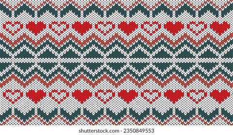 Green and red geometric on white knitting pattern, Festive Sweater Design, Chirtmas knitted,  Seamless Knitted Pattern, Christmas design.