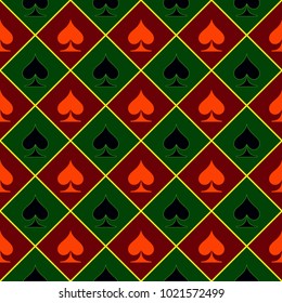 Green and red geometric seamless vector pattern of playing card icons.