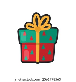 green and red gift box with outline in flat vector design.
