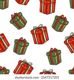 Green and red gift boxes presents seamless pattern