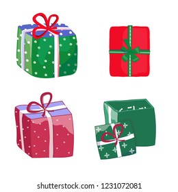 Green and red gift open box with a bow icon, special present idea. Flat design vector illustration. Celebration event, surprising gift. Shopping box,
