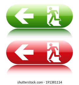 Green and red glossy emergency exit sign on white background