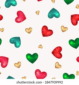 green, red and gold hearts seamless pattern on white background. Vector illustration.