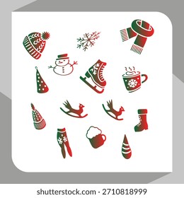 Green and red gradient icons for winter and christmas holiday season. cozy hats, scarves, skates, snowmen, and festive decorations.