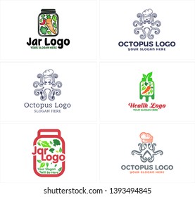 Green red gray line art illustration octopus holding fork and spoon with vegetables logo design suitable for restaurant food drink shop chef