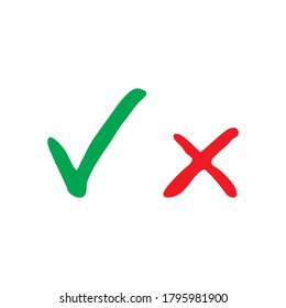  Green and red hand drawn grungy check mark vector illustration. Tick symbol in green color, vector illustration. Hand-painted vector okay and cancel signs icons.