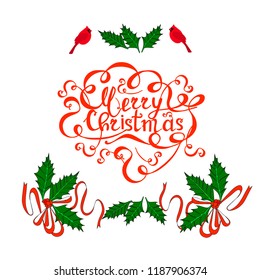 Green and red hand drawn holly typography banner, leafs, berry, lettering Merry Christmas, cardinals on white stock vector illustration for web, for print