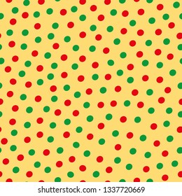 Green and red hand drawn scattered polka dot pattern on yellow background. Seamless vector design with modern vibe. Great for wellbeing, yoga, organic, gardening, food packaging, giftwrap, stationery