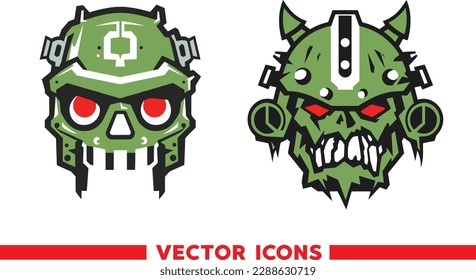 Green red heads skeleton, warhammer orc vector icon of 2 types, green color. Isolated vector sign symbol
