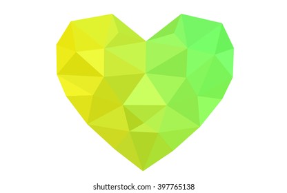 Green, red heart isolated on white background. Geometric rumpled triangular low poly origami style gradient graphic illustration. Vector polygonal design for your business.