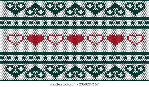 Green and red heart knitted pattern,Festive Sweater Design, Seamless Knitted Pattern, Christmas concept.