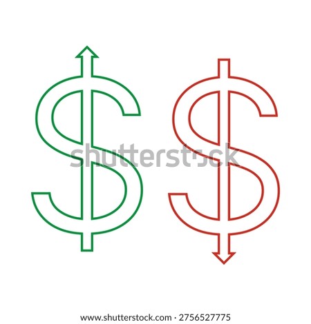 Green, red hollow USD arrow icons. Two United States dollar money outline symbols. Isolated on a white background.