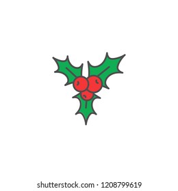 green and red Holly berry with black outline flat icon. Christmas symbol vector illustration. holiday ilex sign isolated on white