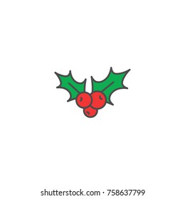 green and red Holly berry with black outline flat icon. Christmas symbol vector illustration. holiday ilex sign isolated on white