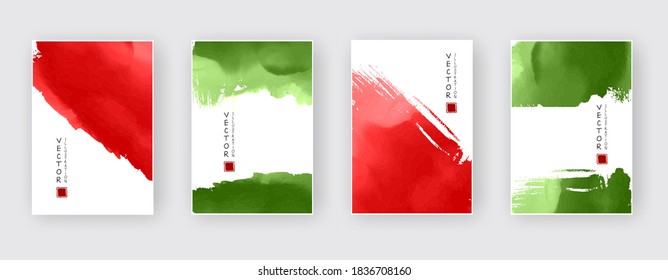 El trazo de pincel de tinta verde y roja se establece sobre fondo blanco. Estilo japonés. Ilustración vectorial de las manchas de círculo de grunge