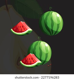 Green Red Juicy Bright Fresh Ripe Watermelon Vector Illustration