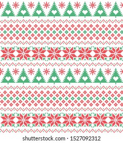 Green and red knitted Christmas pattern with trees, snowflakes and poinsettia flower plant.