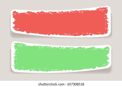 Green and red labels with scratches. Vector 3d illustration