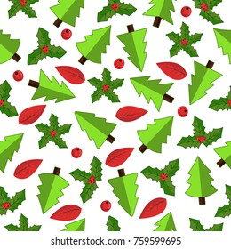 Green, red leafs with red berries and Christmas trees on a white background. Seamless Christmas and New Year pattern, winter holidays. Vector illustration EPS 10