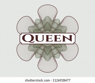 Green and Red linear rosette with text Queen inside