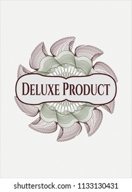 Green and Red linear rosette with text Deluxe Product inside