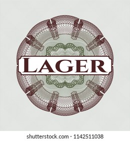 Green and Red linear rosette with text Lager inside