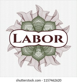 Green and Red linear rosette with text Labor inside