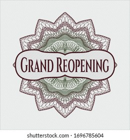 Green and Red linear rosette with text Grand Reopening inside