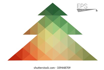 Green, red low polygon style christmas tree vector illustration consisting of triangles. Abstract polygonal origami or crystal design of New Years celebration. Isolated on white background.