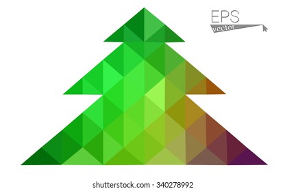Green, red low polygon style christmas tree vector illustration consisting of triangles. Abstract polygonal origami or crystal design of New Years celebration. Isolated on white background