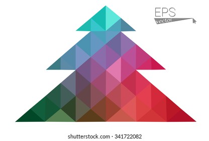 Green red low polygon style christmas tree vector illustration consisting of triangles. Abstract polygonal origami or crystal design of New Years celebration. Isolated on white background.