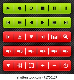 Green and red media control navigation panel with drop shadow on gray and black strip background. This vector illustration created and saved in 10 eps