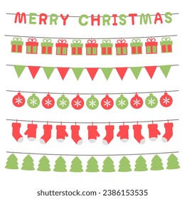 Green and Red Merry Christmas flags garland on isolated white background. Vector illustration flat design.