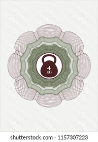 Green and Red money style emblem or rosette with 4kg kettlebell icon inside
