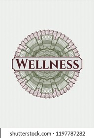 Green and Red money style emblem or rosette with text Wellness inside