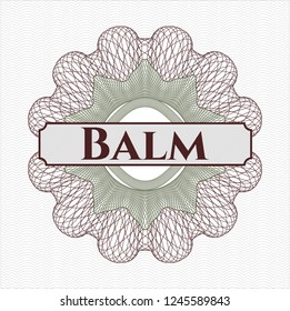 Green and Red money style emblem or rosette with text Balm inside