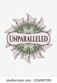 Green and Red money style emblem or rosette with text Unparalleled inside