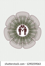 Green and Red money style emblem or rosette with gay men love icon inside