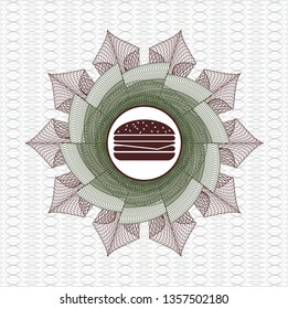 Green and Red money style emblem or rosette with cheeseburger icon inside