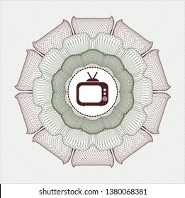 Green and Red money style emblem or rosette with old tv, television icon inside