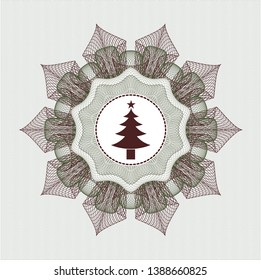 Green and Red money style emblem or rosette with christmas tree icon inside