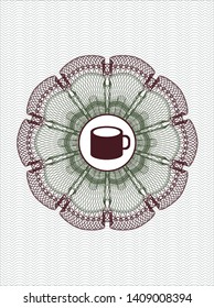Green and Red money style emblem or rosette with coffee cup icon inside
